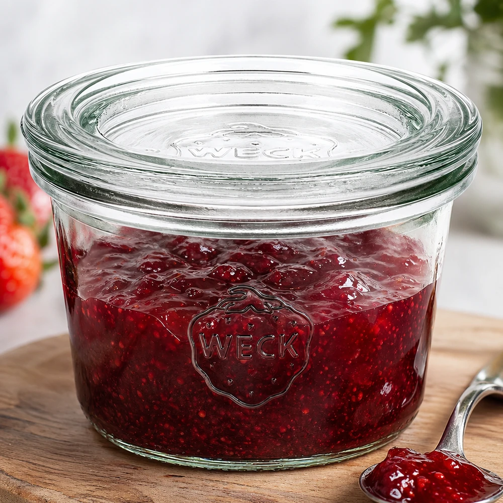 WECK 80ml RR60 pot gevuld met rode aardbeienjam toont praktisch gebruik voor het bewaren van jam