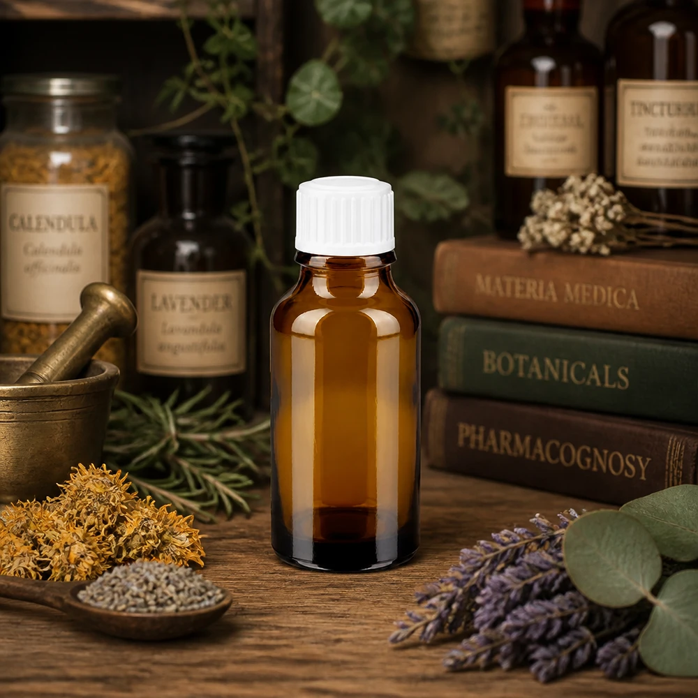 Compacte bruine glazen fles van 20 ml met een smalle druppeltuit van 0,9 mm voor een nauwkeurige dosering van medicijnen