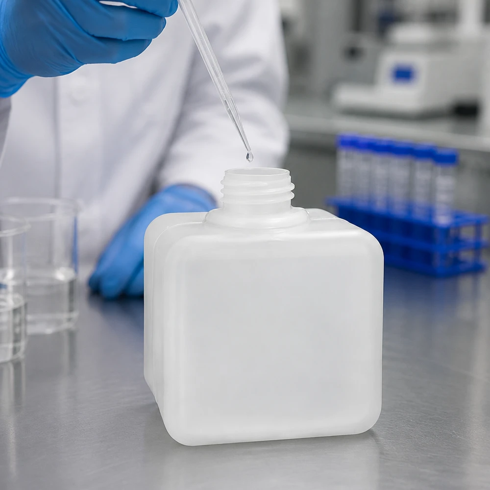 Doorschijnende PE-HD-laboratoriumfles van 500 ml, vierkant, smalle hals, GL32, voor chemische analyse