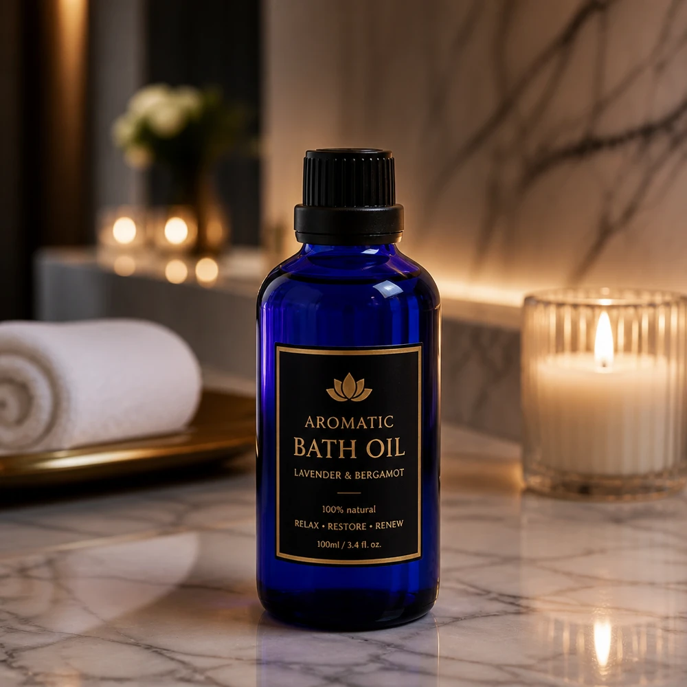 Apothekersglasflesje van 50 ml in kobaltblauw met een druppelaar van 2 mm voor natuurlijke cosmetische badoliën en essences