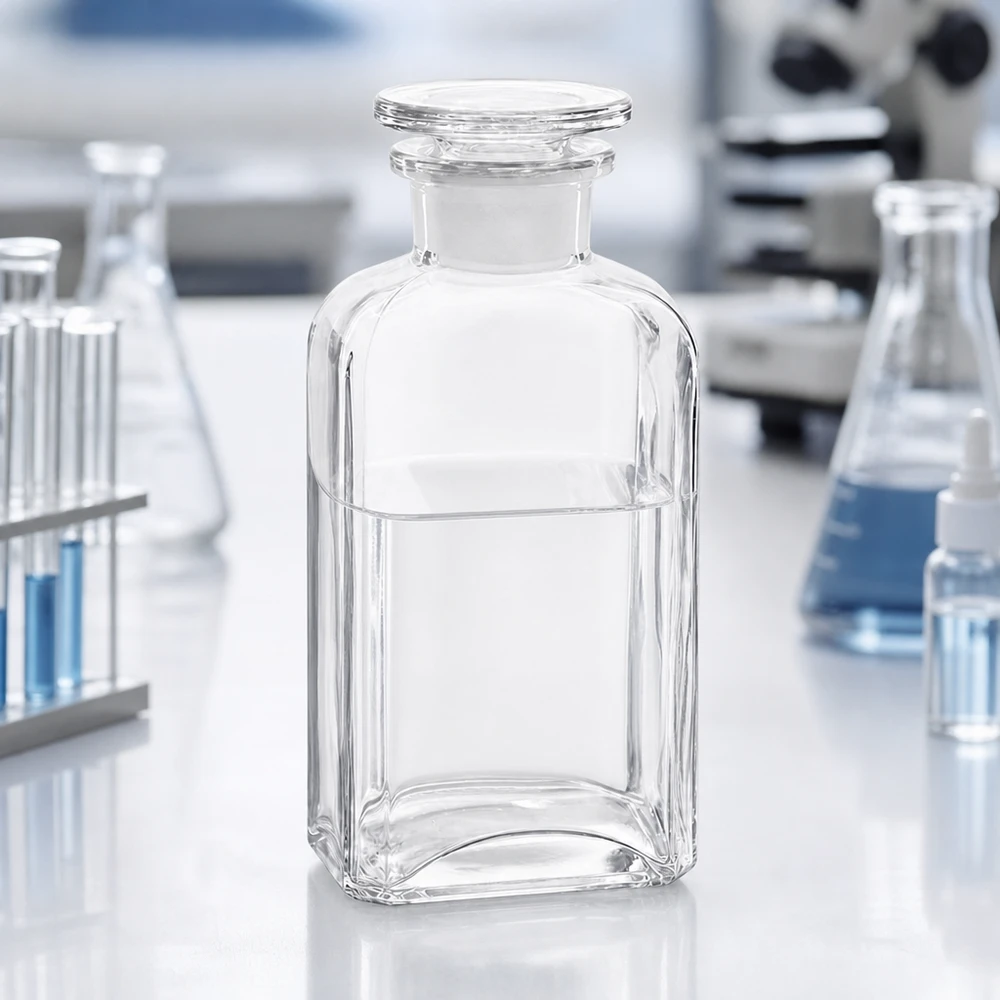 Doorzichtige laboratoriumfles van 250 ml met vier zijden en een glazen stop, naast Erlenmeyer-kolven en reageerbuisjes
