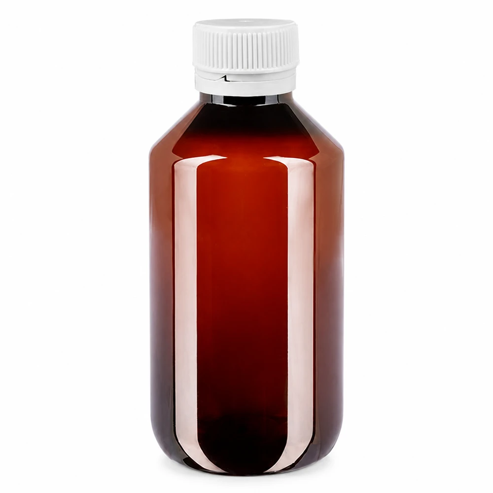 Medicijnflesje van bruin PET met een inhoud van 100 ml en een witte, geribbelde schroefdop OV