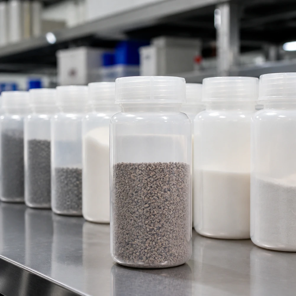 Wijde hals laboratoriumfles 1000ml met sluiting Opslag van granulaten en poeders in laboratoriumflessen met brede hals van 1000 ml en schroefdop op de laboratoriumtafel