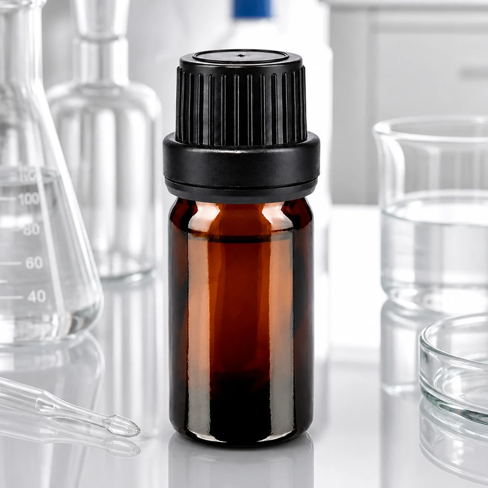 Flesje van 5 ml van bruin glas met UV-bescherming en een zwarte originaliteitssluiting