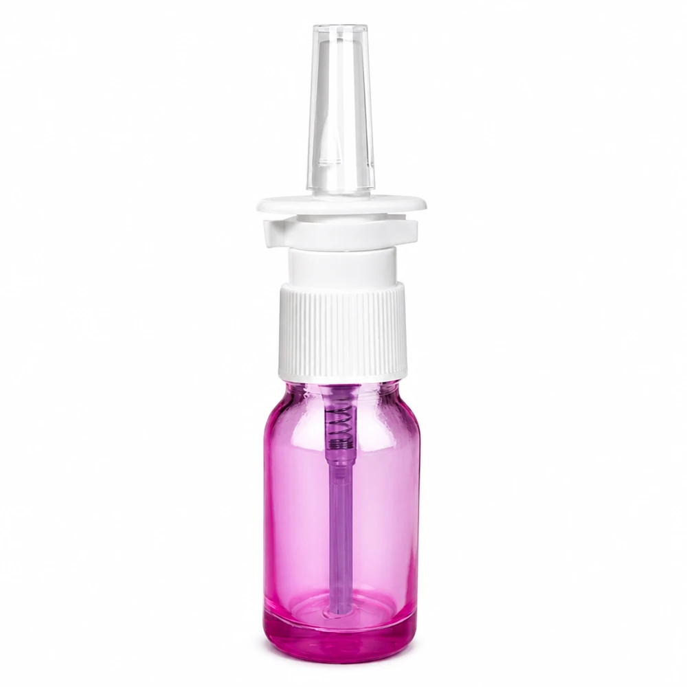 10ml plastic neussprayflesje in paars met ergonomisch verstuivingssysteem