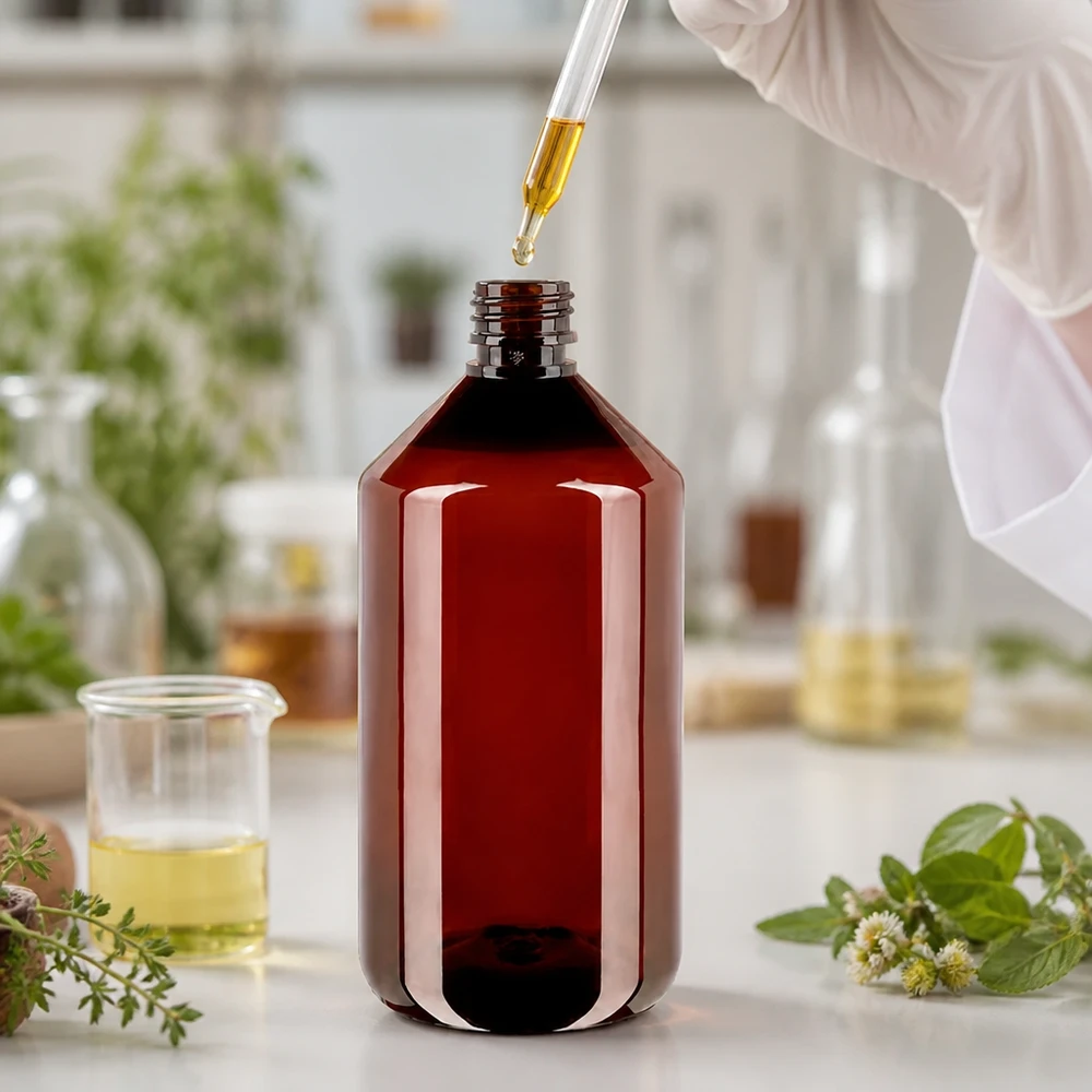 PET-fles 750 ml met bruine dop Standaard PET-fles van 750 ml met bruine dop en UV-bescherming voor gevoelige natuurproducten