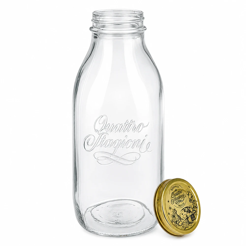 Quattro Stagioni glazen fles 1000ml met afneembaar gouden deksel, reliëfletters, klassiek melkflesontwerp