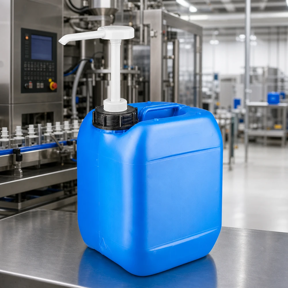 Canister 5 liter blauw met doseerpomp Handige blauwe doseerkan van 5 liter met ergonomische handgreep voor industrieel gebruik