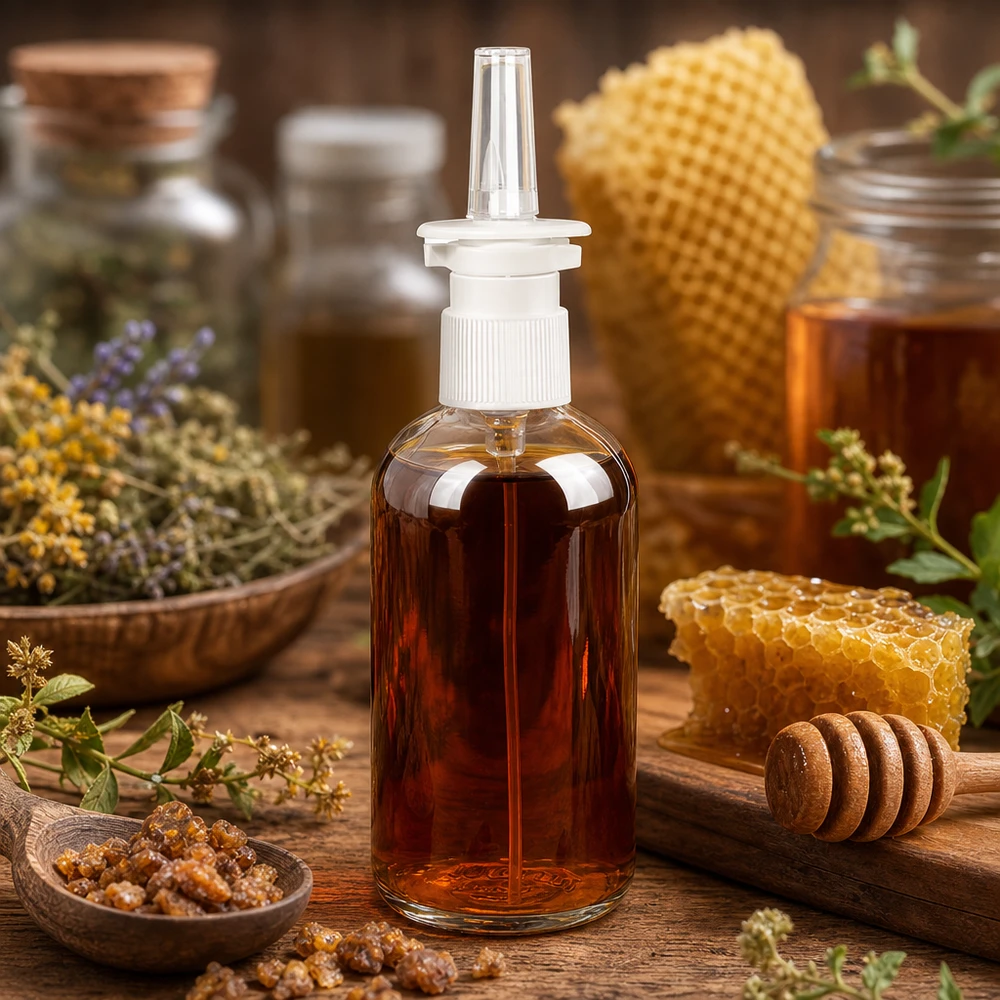 100 ml ClearLine-neussprayflesje gevuld met honingextract, naast honingraat en kruiden