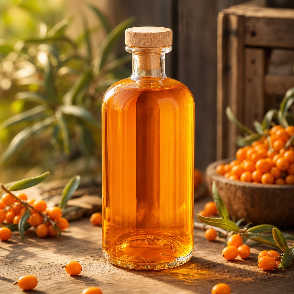 500ml glazen fles Flora met houten kurk oranje duindoornolie tussen duindoornbessen op houten tafel natuurproduct