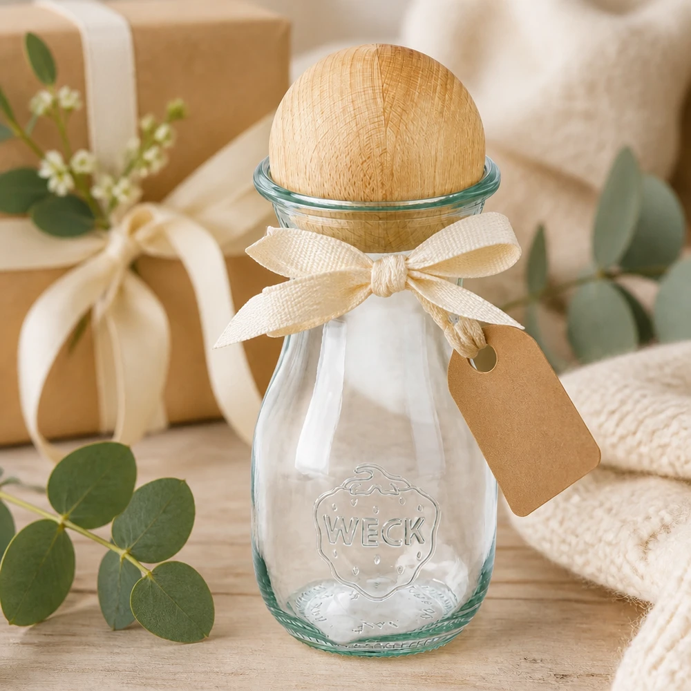 290ml sapflessen WECK RR60 met houten bal WECK sapfles 290ml RR60 geschenkverpakking met strik en label naast eucalyptusdecoratie
