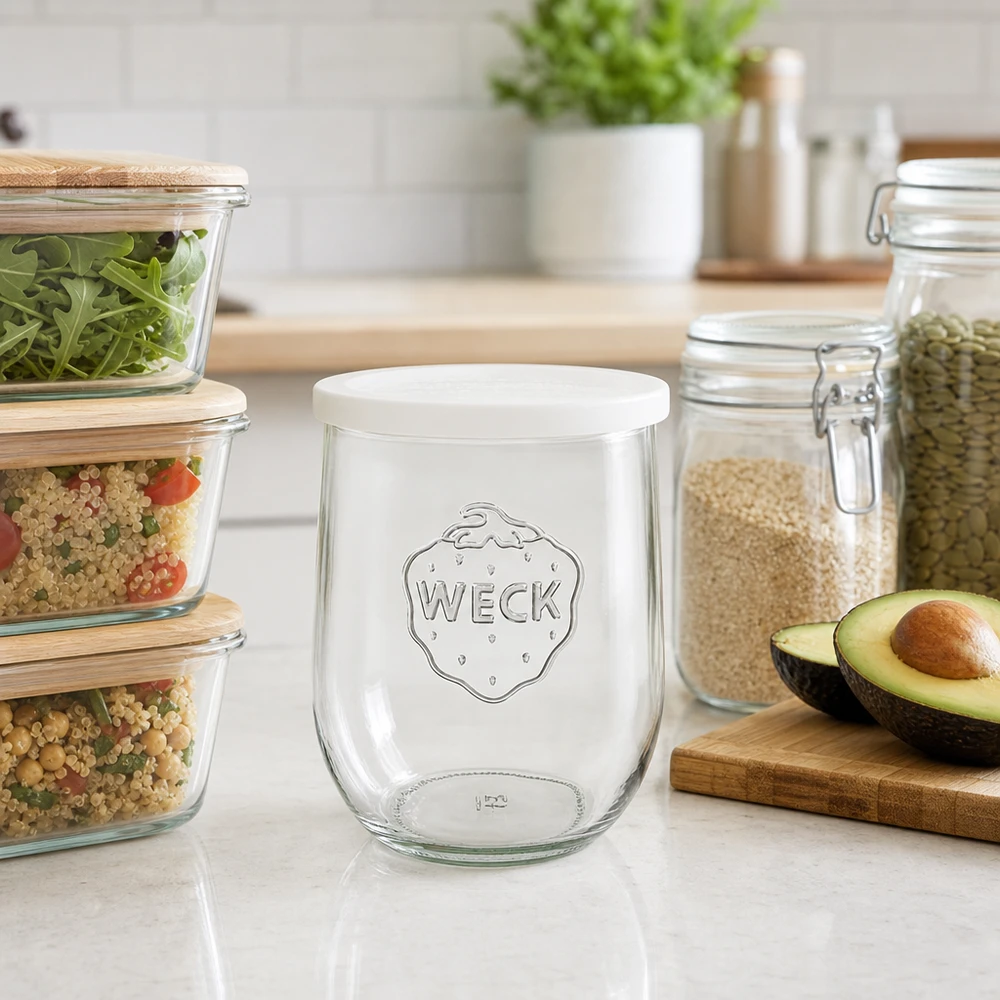 1062ml tulpenglas met vershouddeksel WECK RR100 WECK Tulpenglas 1062ml RR100 auf Küchenarbeitsplatte zwischen Vorratsgläsern und Avocado als stilvolles Küchenzubehör
