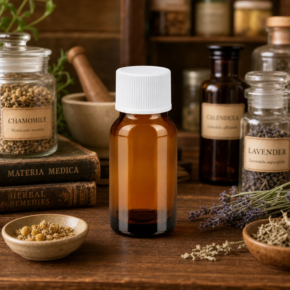 Amberkleurig glazen flesje van 10 ml met wit deksel voor natuurlijke remedies en kruidenextracten
