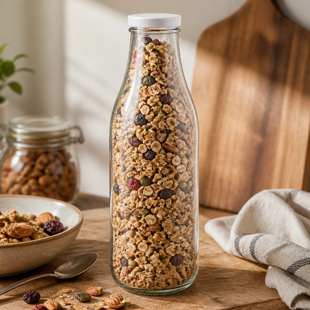 1000ml glazen fles met BasicSeal deksel wit gevuld met muesli granola noten gedroogd fruit bewaren