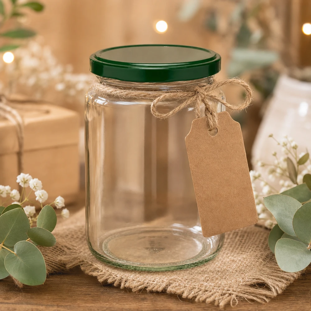 795 ml UNiTWIST ronde pot met groen deksel, kraftpapier label en jute koord - rustieke geschenkverpakking