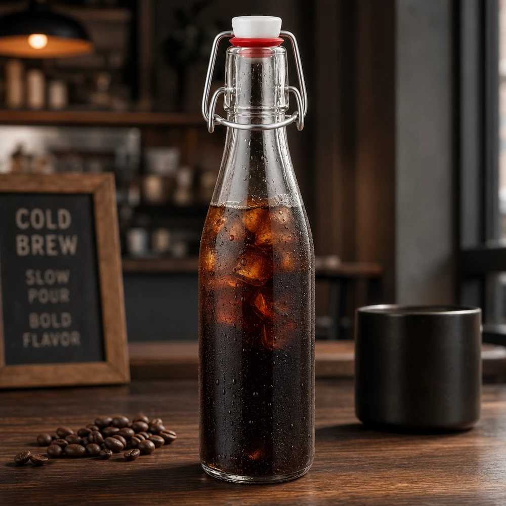 Glazen fles van 250 ml + zwenktop porseleinen UN... 250ml Glasflasche mit Bügelverschluss für Cold Brew Kaffee, edle Vintage-Optik mit Kaffeebohnen und schwarzer Tasse