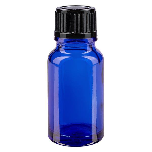 Blauwe glazen flessen 10ml met zwart 1mm druppelstop St Blauwe glazen flessen 10ml met zwart 1mm druppelstop St