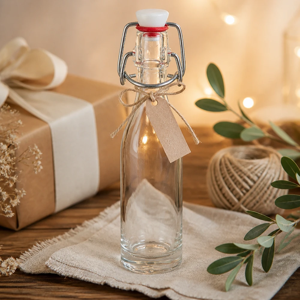 Glazen flesje 50ml + draaidop PVC UNiTWIST Decoratieve glazen fles van 50 ml met draaidop en bruin lint in een natuurlijke omgeving