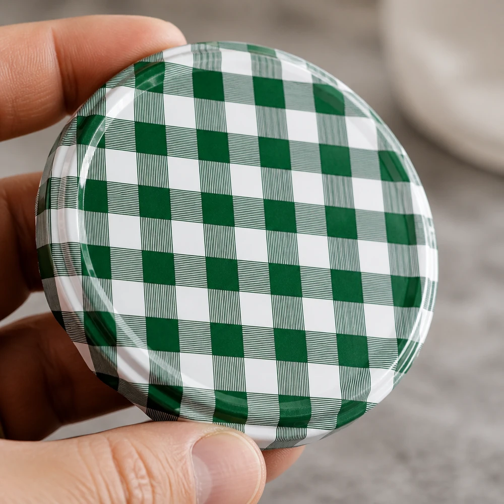 TO82-deksel BasicSeal 82 mm met traditioneel Schots ruitpatroon in groen en wit, voor het inmaken
