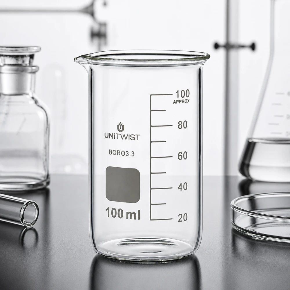 Chemielaboratorium bekerglas 100 ml UNITWIST, hoge vorm, hittebestendig borosilicaat 3.3, helder glas