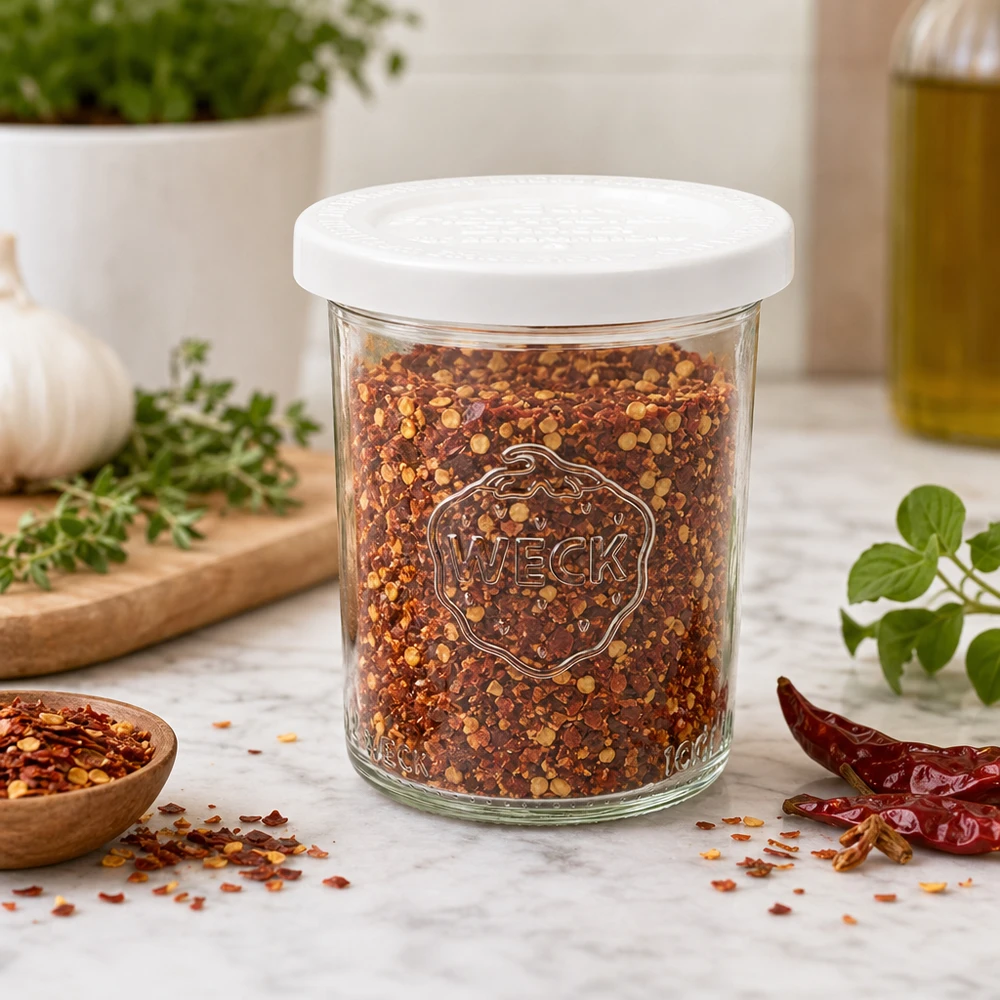 WECK RR60-pot van 160 ml met vershouddeksel WECK 160ml Sturzglas RR60 mit Chili-Gewürzmischung gefüllt als Gewürzdose in moderner Küche mit Kräutern