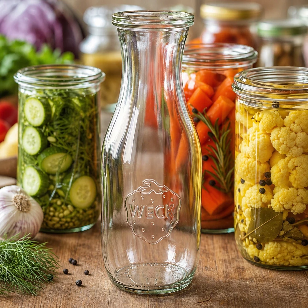 WECK glazen fles 1062ml leeg met logo naast kleurrijke inmaakpotten met groenten en kruiden op houten tafel