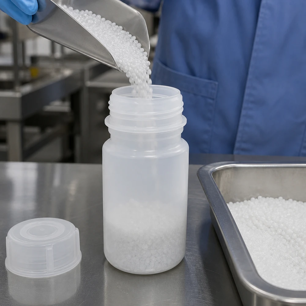Wijde hals laboratoriumfles 50ml met sluiting Kleine fles van 50 ml met brede hals, gemaakt van natuurlijk troebel kunststof, met schroefdop voor laboratoriumgranulaat