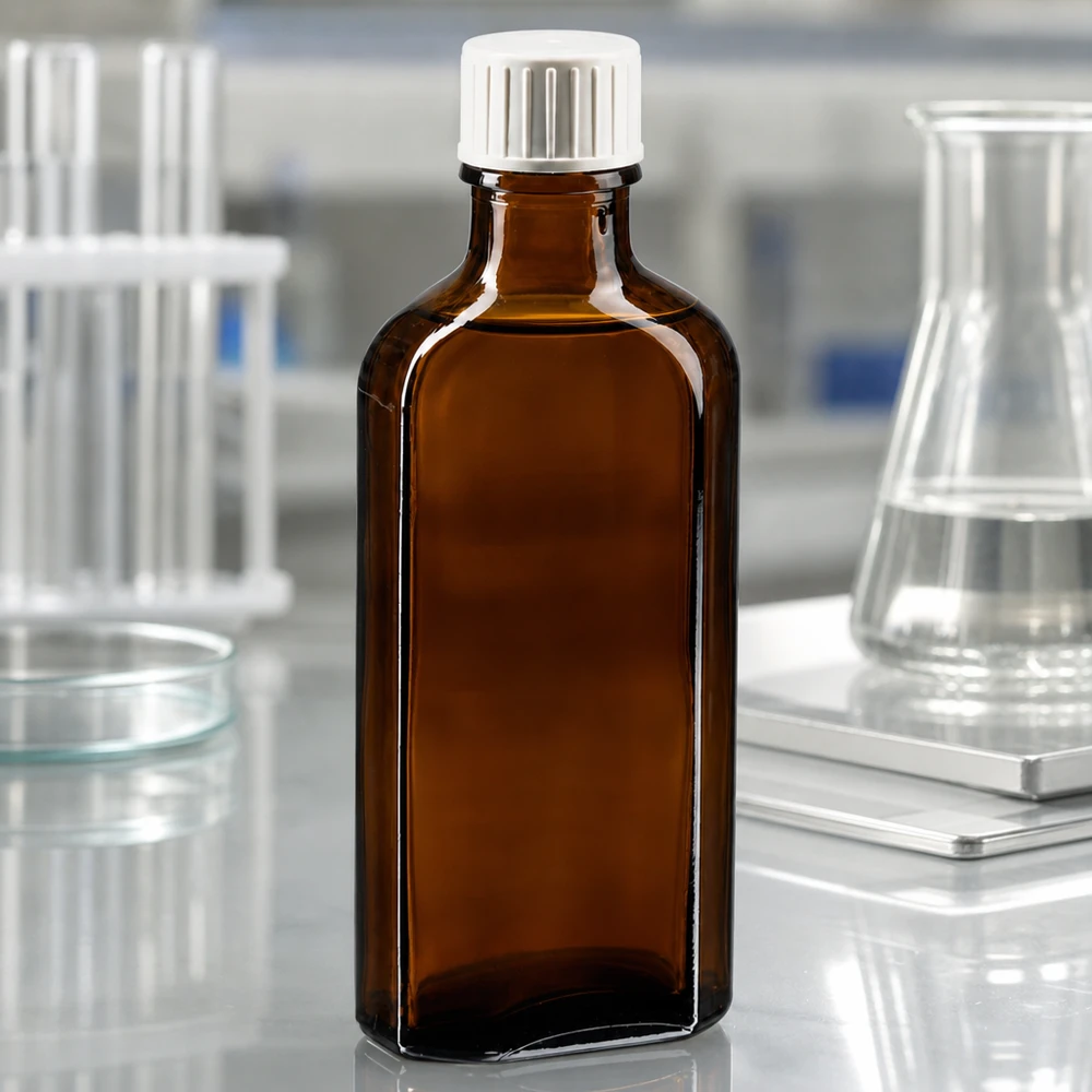 Compacte Meplat-fles van 100 ml van bruin glas met gietring voor chemische en medische vloeistoffen
