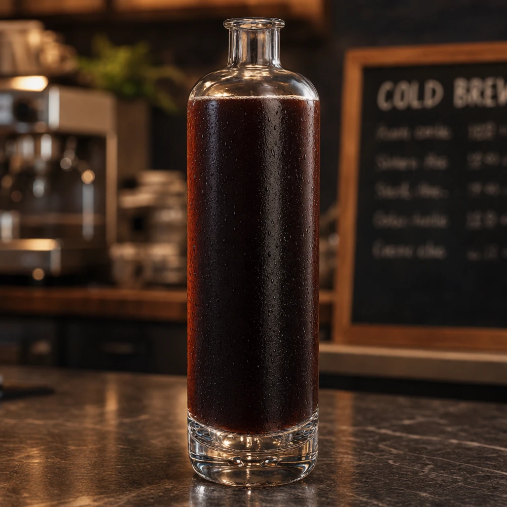 700 ml glazen fles Ella UNiTWIST gevuld met cold brew koffie op een donkere cafétoonbank met een menubord op de achtergrond