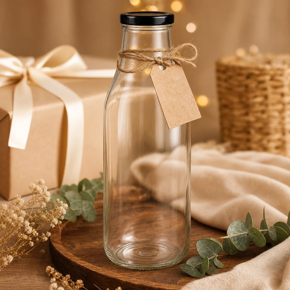 1000 ml glazen fles met zwart deksel als cadeau versierd met raffia lint en kraftpapier label