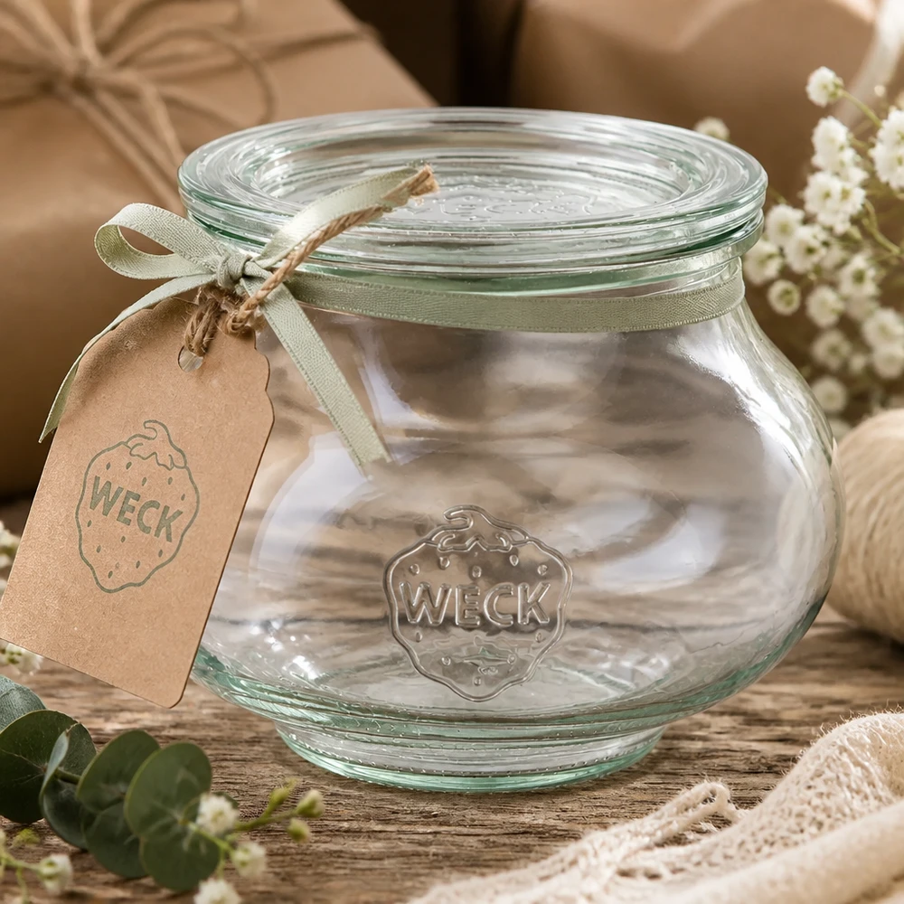 WECK juwelenpot 560ml met groen satijnen lint en hanger op houten tafel versierd met bloemen en kant