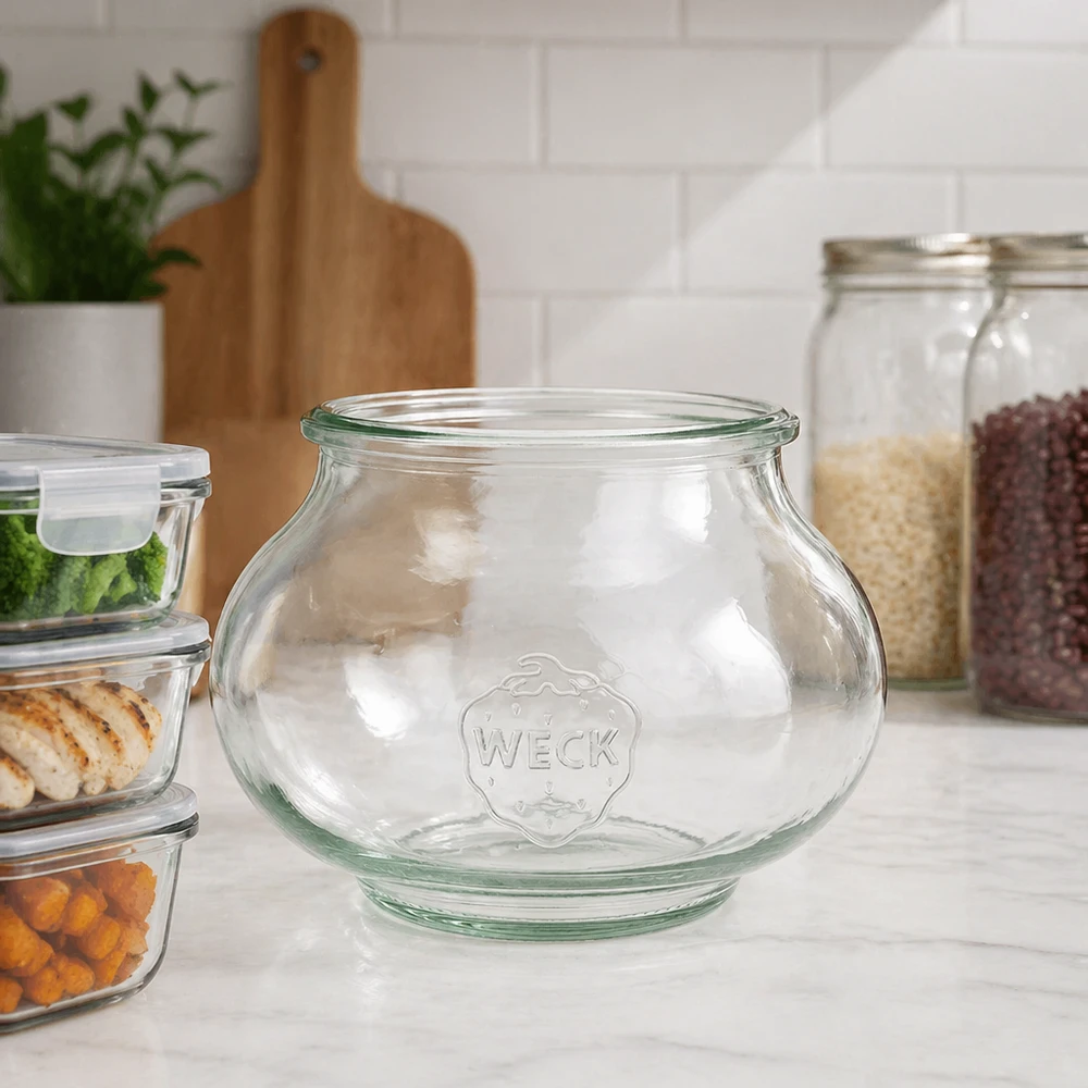 560 ml sierglas WECK RR80 WECK juwelenpot 560ml RR80 in een moderne keuken tussen voorraadpotten en glazen potten op een wit werkblad