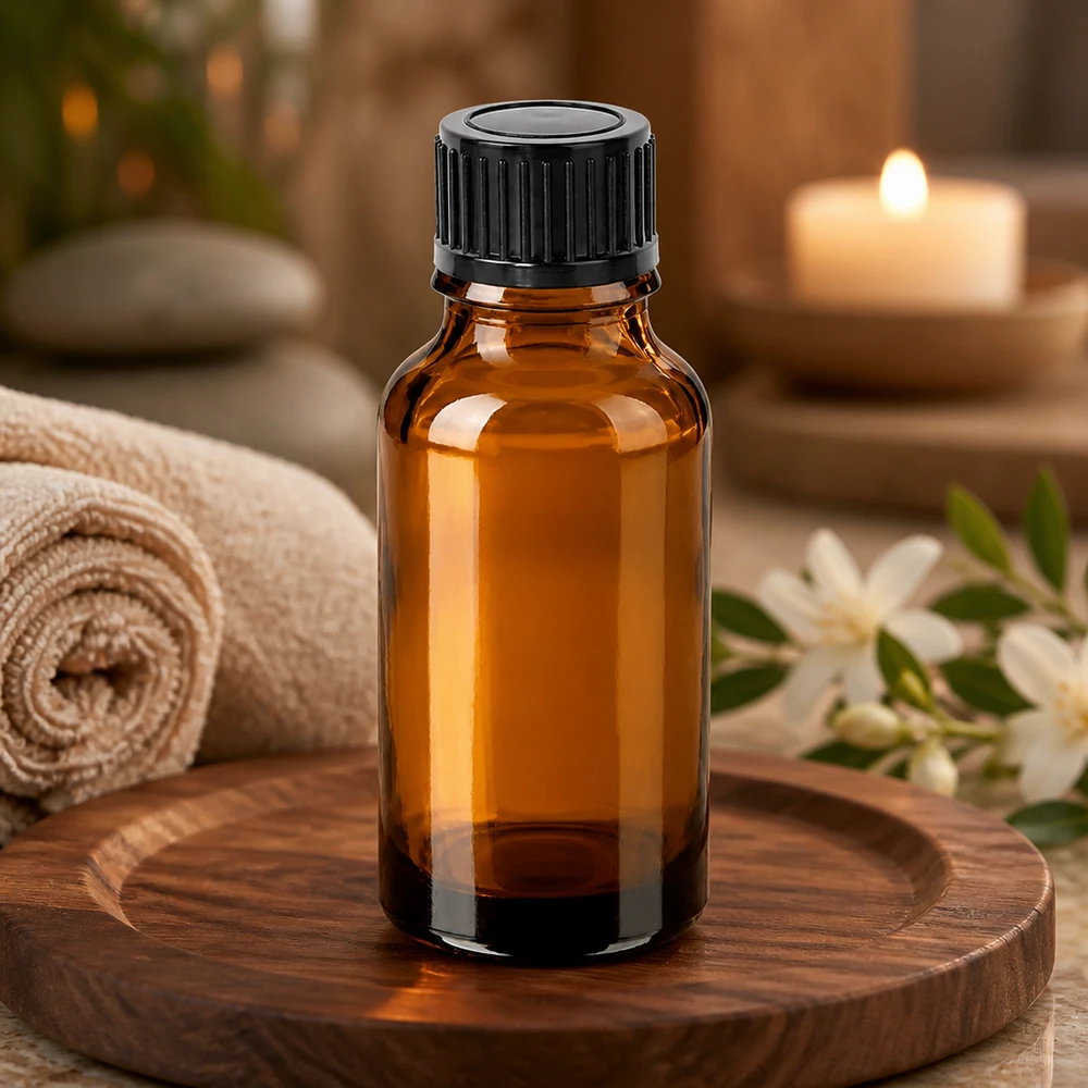 20 ml smaakflesje van lichtbeschermd amberkleurig glas met lekvrij zwart deksel