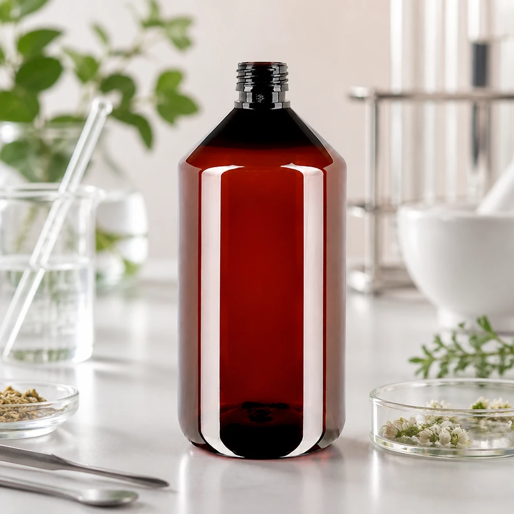 PET-fles, amberkleurig, 750 ml, PP28, tussen de glazen schalen van de vijzel en de botanische ingrediënten