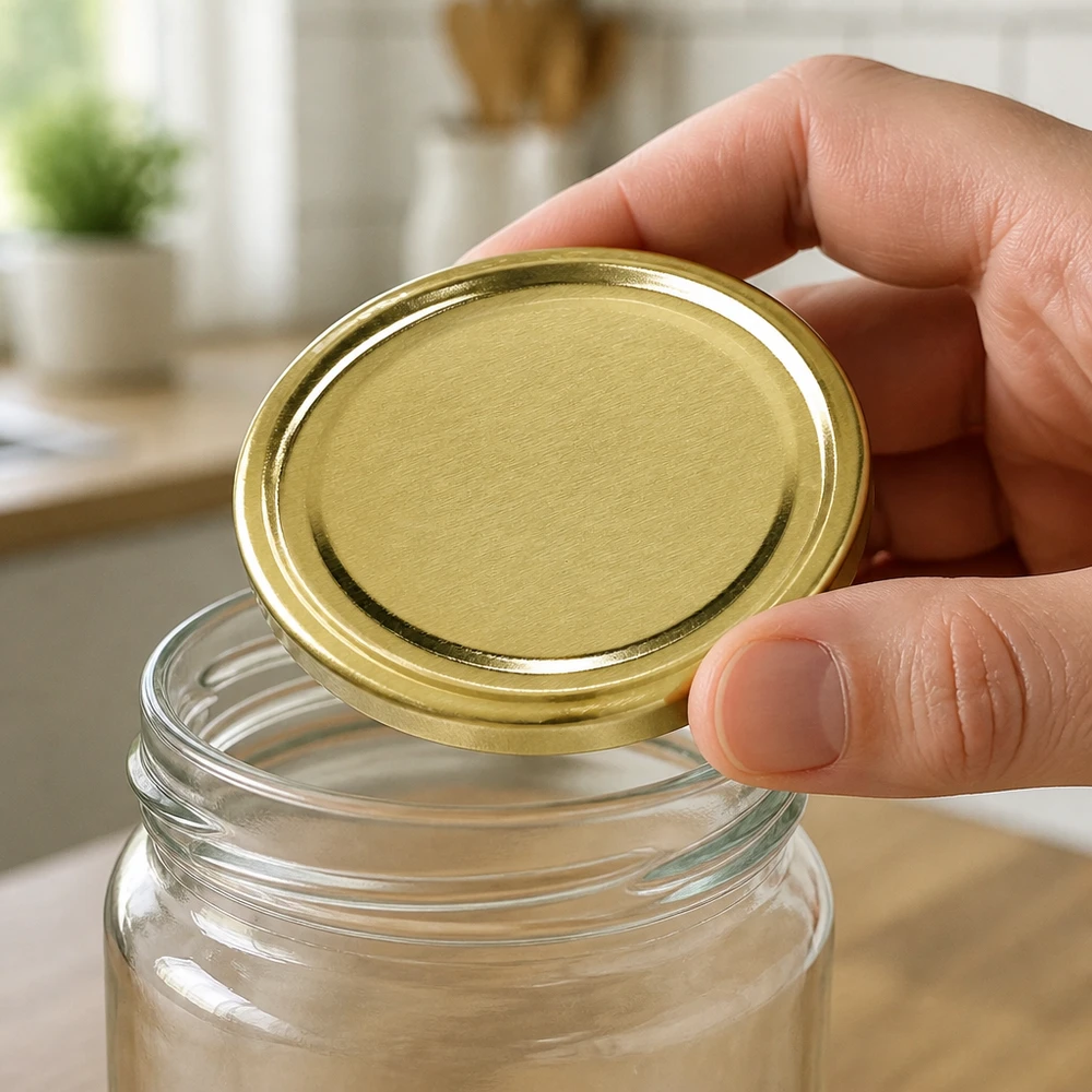 66 mm BasicSeal-deksel goud (TO66) UNiTWIST UNiTWIST BasicSeal TO66 deksel goud 66 mm close-up keuken achtergrond