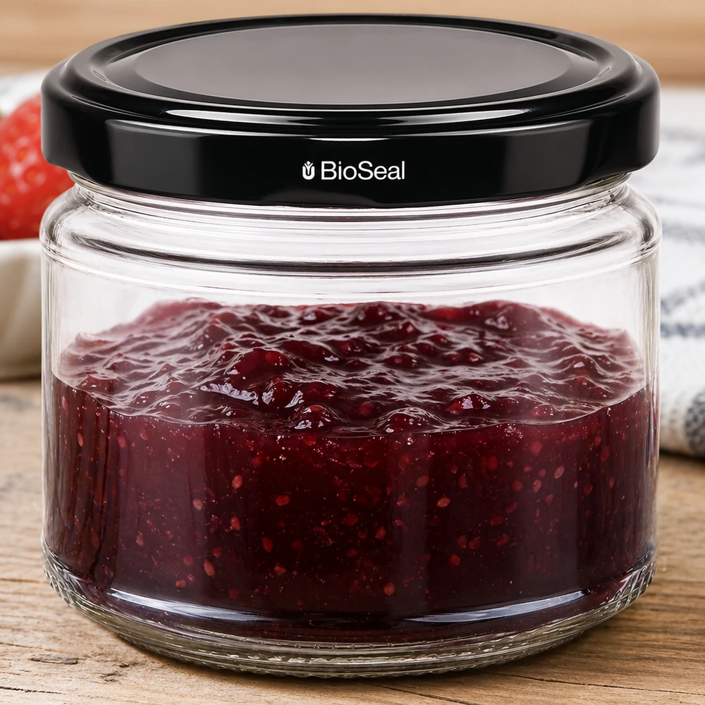 UniTWIST Runda330 inmaakpot gevuld met rode jam BioSeal deksel jam opslag houten tafel