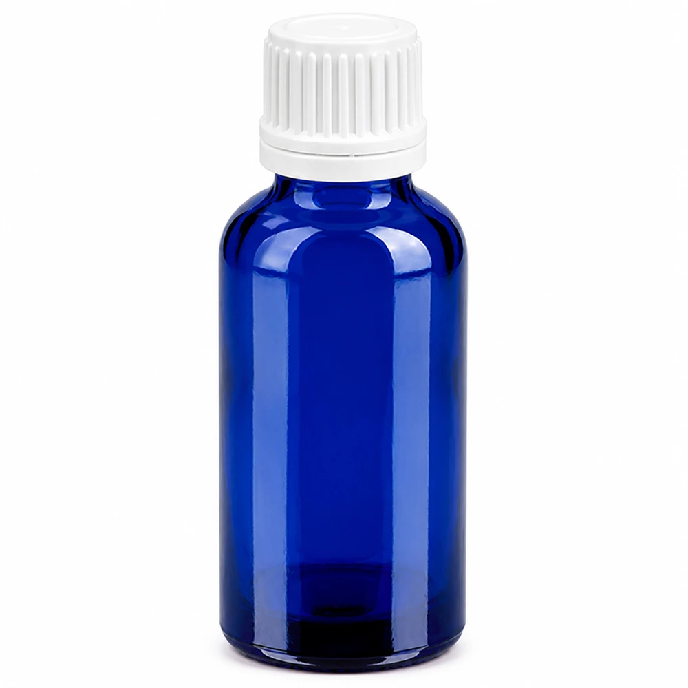 30ml fles 11mm SV wit OV BlueLine UT18/30 Intens blauw glazen flesje van 30 ml met UV-bescherming en witte veiligheidsdop