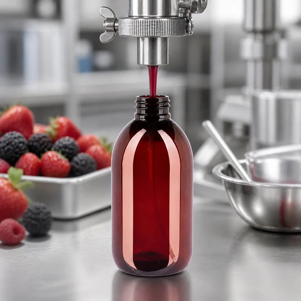 Industrielle Abfüllmaschine füllt bernsteinfarbene 250ml PET Flasche mit Fruchtextrakt