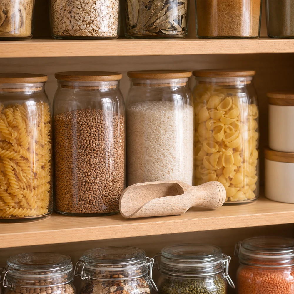 Houten schep 7,5 cm in opbergrek met potten vol rijst pasta en kruiden praktisch keukengerei accessoire