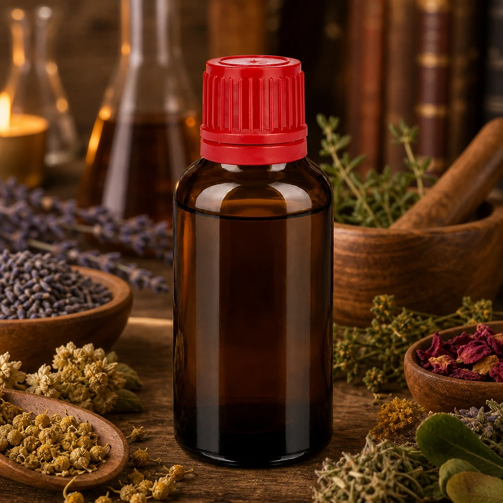 30ml fles 11mm SV rood OV BrownLine UT18/30 30ml druppelfles in bruin met rode SV-dop ideaal voor het doseren van concentraten