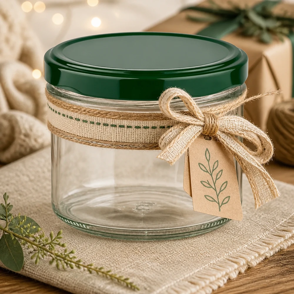 225ml bekers groen deksel decoratief met jute lint en cadeaulabel als cadeauverpakking