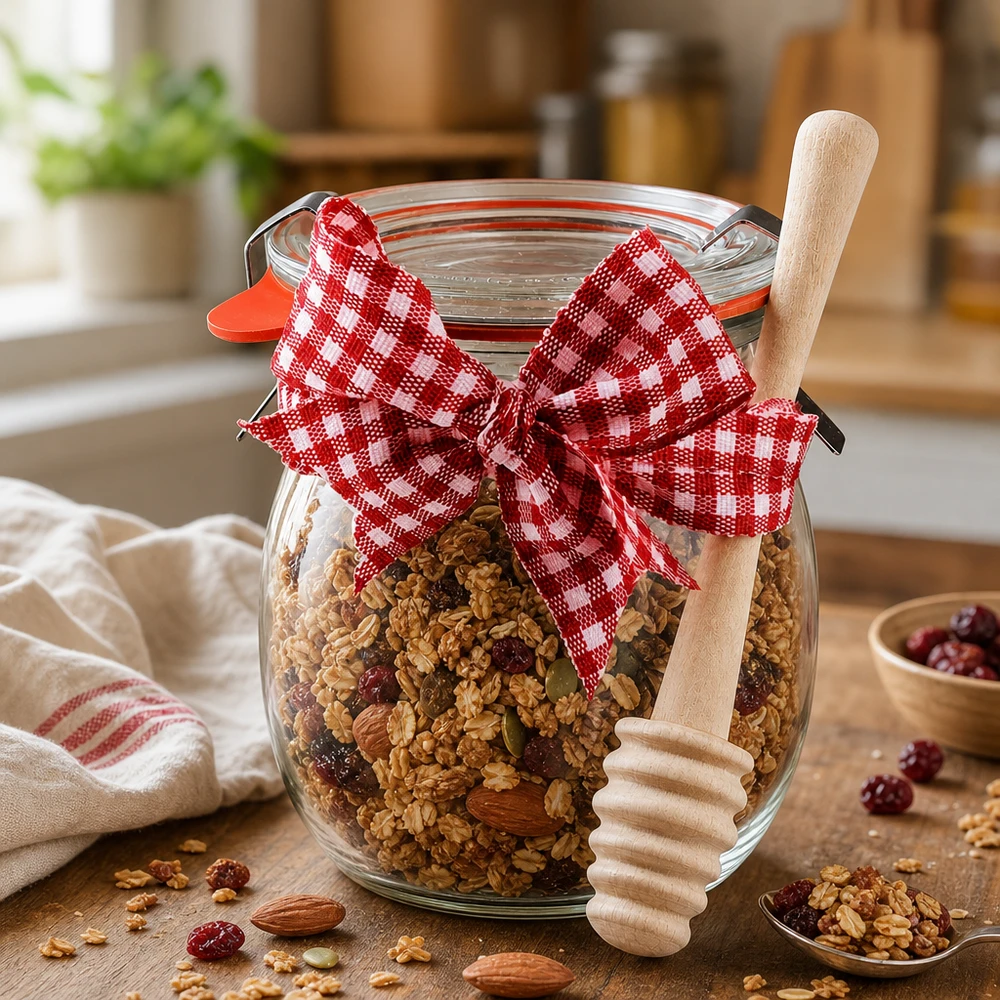 WECK tulpenpot 220ml compleet met honinglepel en strik WECK tulpenpot 220ml gevuld met muesli en noten, versierd met rood-wit geblokte strik en honinglepel