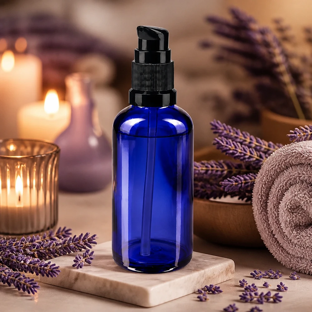 Blauwe glazen flessen 50ml met zwart pompsluiting Blauw flesje van 50 ml met pompje, gemaakt van hoogwaardig apothekersglas, met UV-bescherming, blauw
