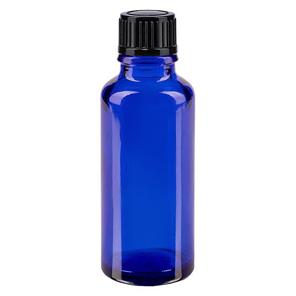 Blauwe glazen flessen 30ml met zwart schroefsluiting St Blauwe glazen flessen 30ml met zwart schroefsluiting St