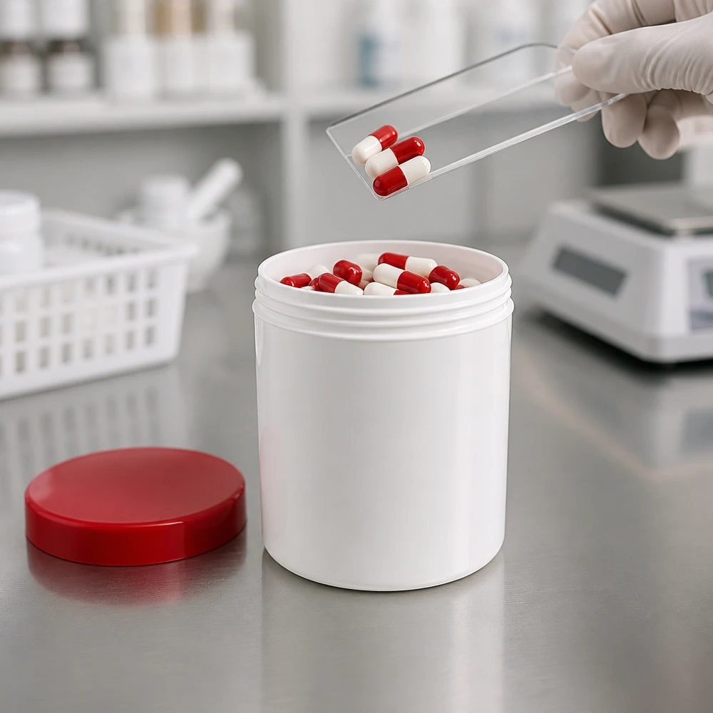 Zalfpot 10 g wit met rood schroefdeksel (PP) Handbeschermde dosering in een PP-zalfpotje van 10 g met een rode schroefdop onder laboratoriumomstandigheden