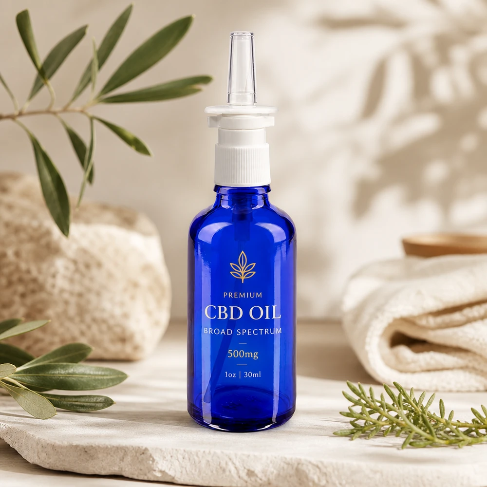 Blauw ApoGlas-flesje van 50 ml met wit doseerspraymechanisme voor farmaceutische toepassingen