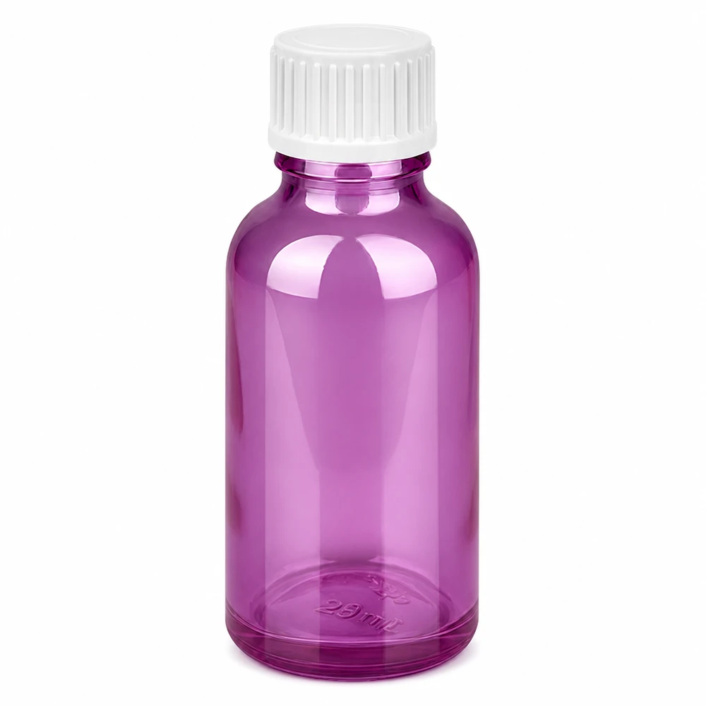 Compacte 30 ml violette glazen fles met witte dop, ideaal voor onderweg en mobiel gebruik