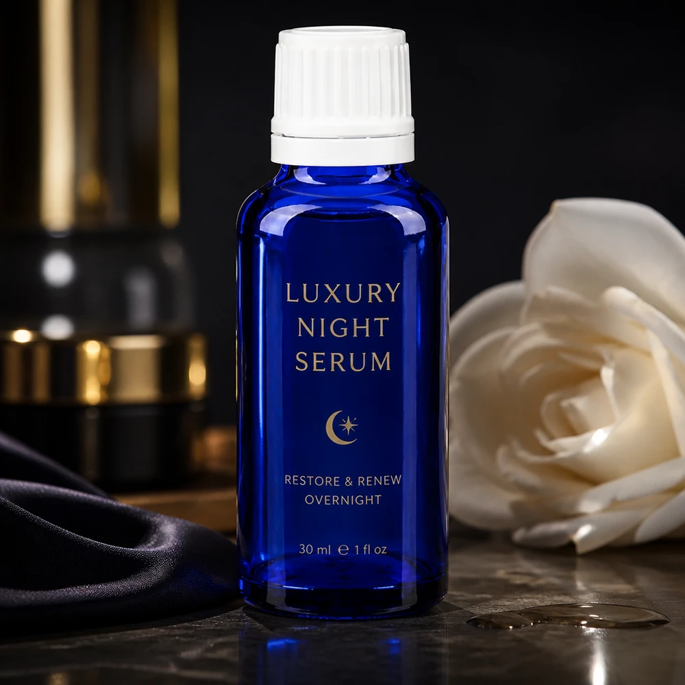 Blauwe glazen flessen 30ml met wit druppelsluiting 1.2mm VR Blauwe glazen apothekersfles van 1 fl oz met witte druppeldop voor hoogwaardige cosmetica