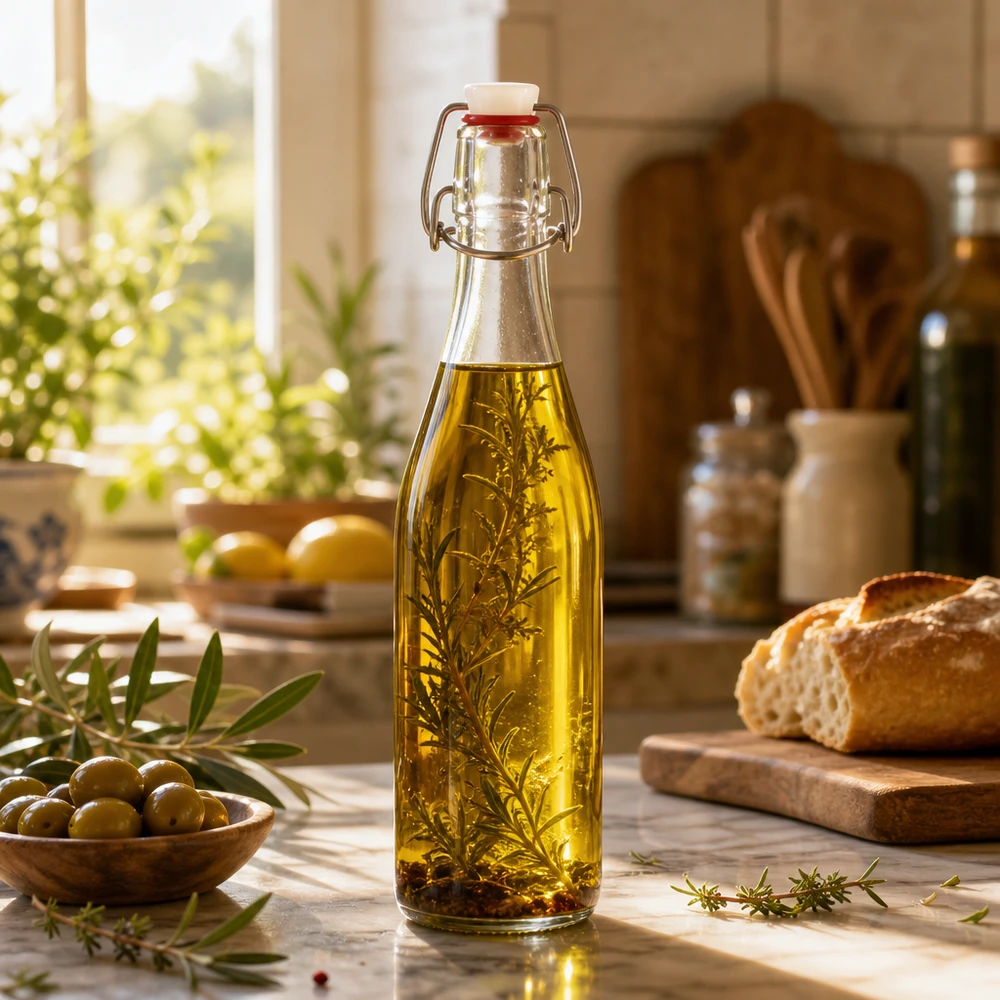 500ml glazen fles + draaidop PVC UNiTWIST 500ml glazen fles met draaidop gevuld met kruidenolie rozemarijn mediterrane keuken opslag kruidenolie