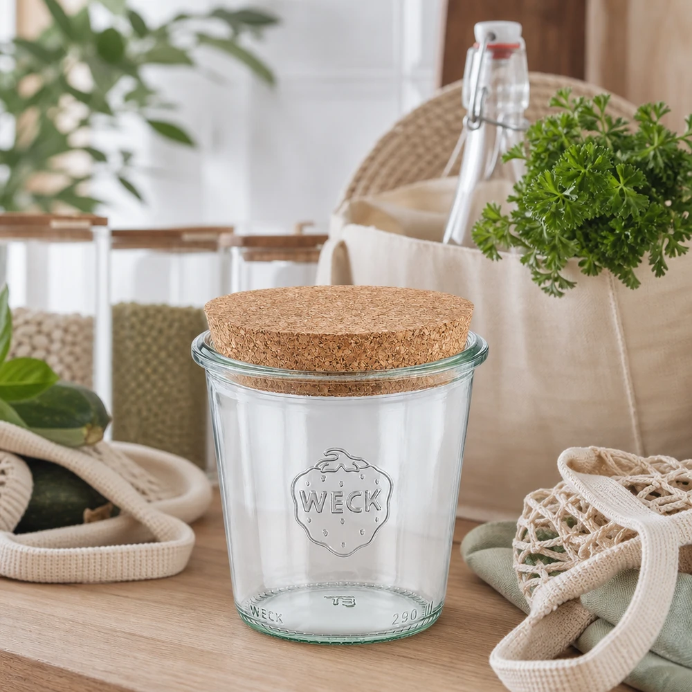 WECK beker 290ml RR80 met natuurkurk in duurzame zero-waste keuken tussen herbruikbare flessen en stoffen tassen